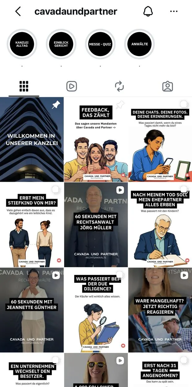 Instagram-Profil von Cavada und Partner nachher: einheitliche Illustrationen, Anwalts-Videos und Highlights