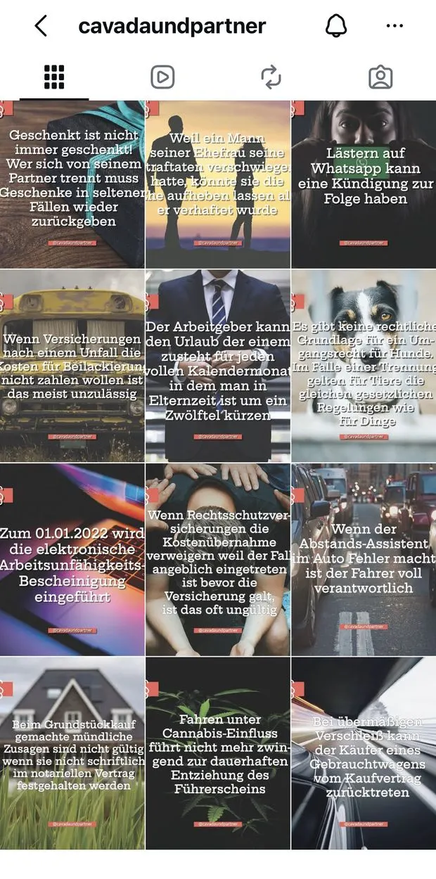 Instagram-Profil von Cavada und Partner vorher: Stockfotos mit viel Text